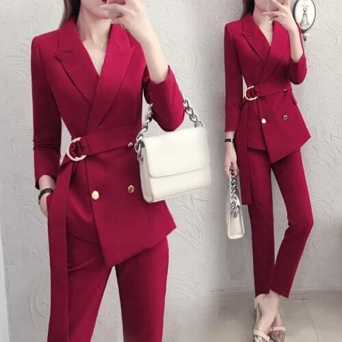 Work red Irregular Blazer Suit Women Suits Double-breasted Slim Pant Suits Office Lady Blazer Jacket & Pencil Pant 2 Pieces set