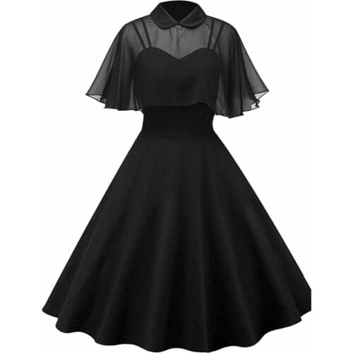 Women Vintage Gothic Cape Dress Autumn Two Piece Sheer Mesh Cape Patchwork Pleated Peter Pan Collar Elegant Retro Goth Dresses