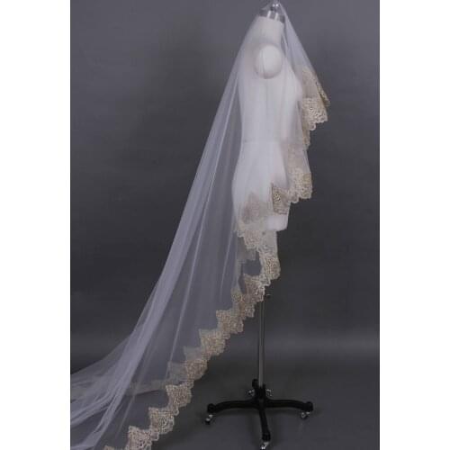 1 tier golden bridal lace veil Cathedral veil wedding veils long bridal veil