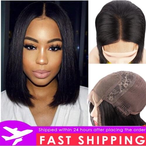 2021 Short Straight Bob Wig 4x4 Lace Closure Human Hair Wig Brazilian Virgin Pre Plucked Glueless 150 Density For Black Women