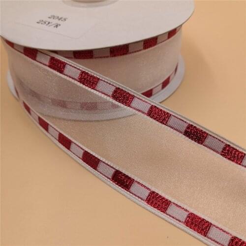38MM Wire-Edge Ribbon White Organza With Red white Check for Birthday Decoration Chirstmas Gift DIY Wrapping 25Yards8