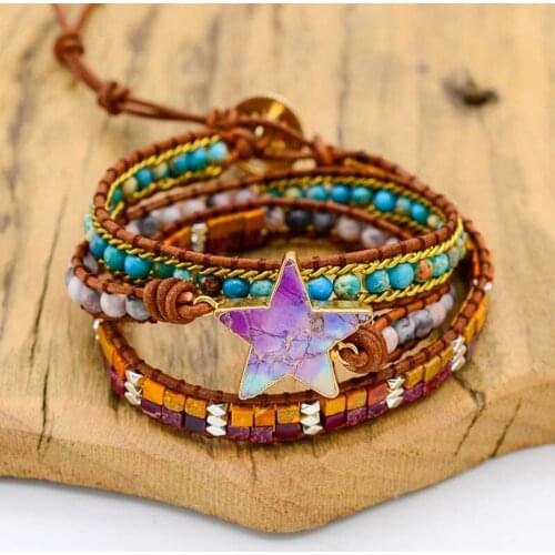 4Unik Women Fashion Star Leather Wrap Bracelets Natural Stone Multilayers Statement Bracelet Teengirl Jewelry Bijoux 4UN-B333