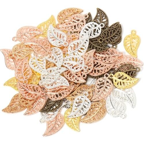 50pcs 9x17mm Filigree Leaves Metal Hollow Out Charms Pendants for Jewelry Making Necklaces Bracelets Crafts Connector Findings