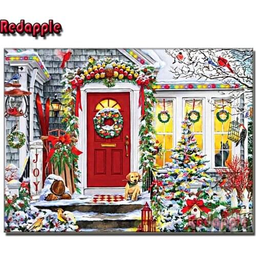 5d Diamond Painting House Door Christmas decoration landscape Full Square Round Diamond Embroidery DIY Mosaic Winter Home Decor