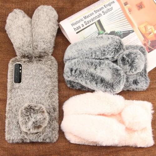 XiaoMi Mi Note 10 Lite Case Lovely Winter Keep warm Plush Rabbit Shiny diamond Soft Silicone Back Cover For Mi 10 Pro Case