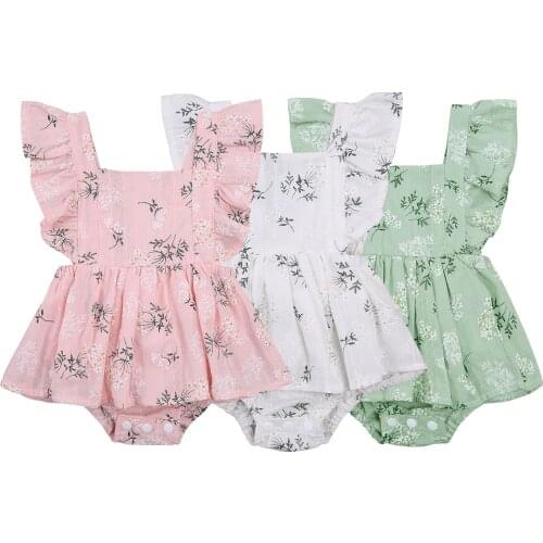 Infant Sleeveless Romper with Flower Print Ruffle Hem Decoration Sweet Style Summer Clothing