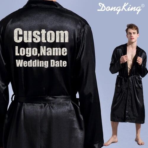 DongKing Mens Robe Long Sleeve Custom Faux Silk Robes Groom Kimono Robe Print Glitter LOGO Bros Mr Robe Team Groom Gift