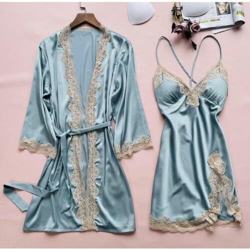 Sexy Split 2PCS Robe Set Casual Blue Lae Nightwear Bathrobe Gown New Satin Women Sleepwear Home Clothing Novelty Nightgown