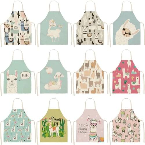 Cute Alpaca Cactus PrintedCotton Linen Sleeveless Aprons Kitchen Women Pinafore Home Cooking Baking Waist Bib WQCN35