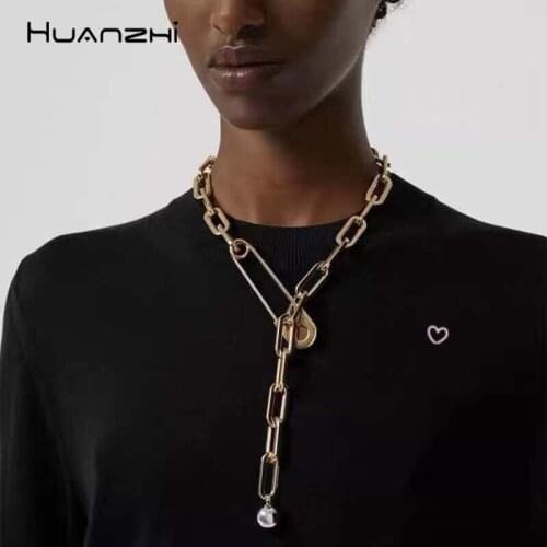 HUANZHI New Exaggeration Personality Lock Metal Pendant Alloy Simple Hip Hop Long Chain Necklaces For Women Party Jewelry Gifts