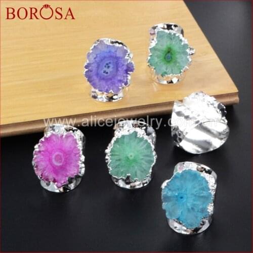 BOROSA 5Pcs Rainbow Silver Color Sun Flower Quartz Stone Ring Druzy Bang Rings, Flower Solar Quartz Band Ring Geode Rings S0308