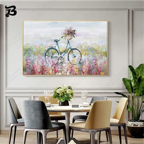 Modern Style Beautiful Canvas Painting Flowers and Huaping Bicycle Landscape Oil Painting Wall Art Living Room Home Decoration