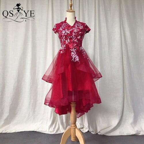 Red Short Prom Dresses High Neck Evening Gown Embroidery Lace Flowers Party Dress Layers Evening Gown Cheap Cap Sleeves Vestido