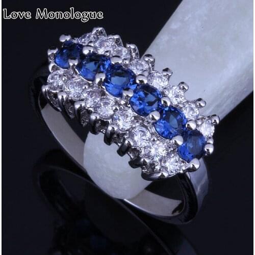 Love Monologue Hot Sell ! Royal Golden Blue Crystal & White Cubic Zirconia Silver Color Ring H0083 Size 5/6/7/8/9/10