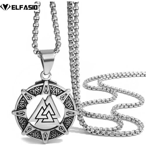 Mens Stainless Steel Chain Viking Valknut Odins Norse Warrior Pendant with 20-26inch Box Necklace Jewelry