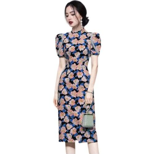 Retro tight Dress one piece korean ladies Sexy elegant print short SLeeve cabaret vintage party Dresses for women