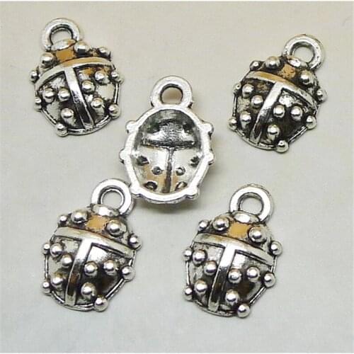 BULK 30 Zinc Alloy Animal Themed Antique Silver Plated Ladybug Charms Pendants for Bracelets Making 10*15mm 0.6g