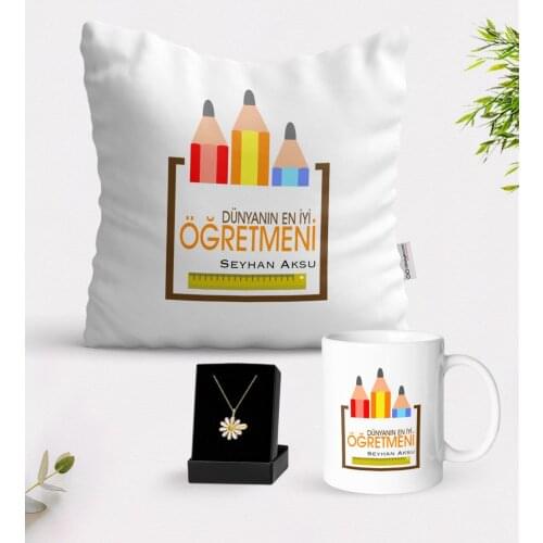 Personalized World Best Teacher White Mug Cushion and Is Daisy Necklace Gift Set-20