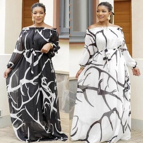 African Print Dress Women Sexy Slash Neck Long Sleeve Loose Maxi Dress Kanga Clothing Summer African Dresses For Women Plus Size