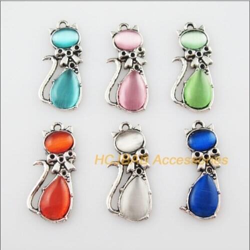 12 New Animal Cat CatEye Stone Mixed Charms Tibetan Silver Pendant 13x29mm
