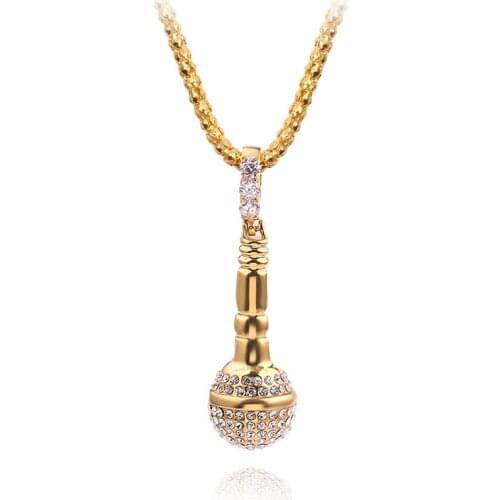 Rapper Microphone Chain Necklace Pendant Men Women Gold Color Rhinestone Necklace Shellhard Hip Hop Jewelry Accessories