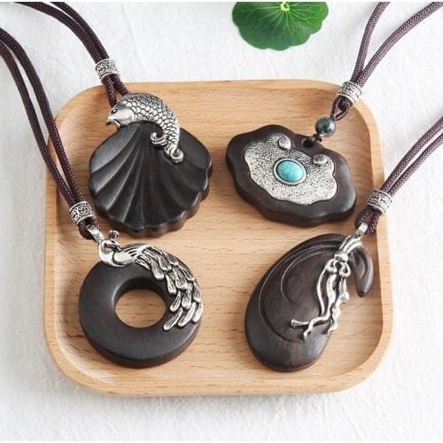 Retro Ethnic Ebony Pendant Long Necklaces for Women Lotus Natural Stone Peacock Abacus Carp Peony Fish Tulip Sweater Chain Gifts
