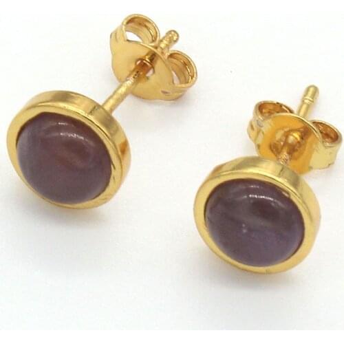 KFT Natural Amethysts Healing Crystal Rose Pink Quartz Reiki Lapis Lazuli Round Stone Stud Earring For Women Men Jewelry