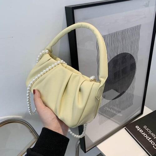 Soft Leather Crossbody Bags for Women 2021 Simple Ladies Brand Trend Beading Chain Shoulder Handbags and Purses Female Tote