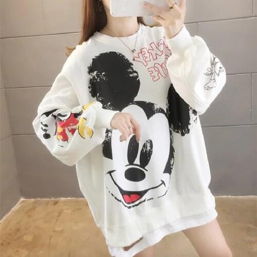 2020 Fashion Hoodies Disney Mickey Mouse Fake Two Piece Sweatshirts Autumn Winter Cartoon Hoodies Loose Long Sleeve Female Tops