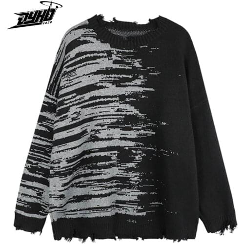 Hip Hop knitted Sweater Men Women VIntage Devil Lightning Print Pullovers 2021 Autumn Streetwear Cotton Knitted Sweater Hole
