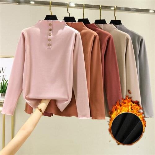 2021 New Autumn Winter Women Cotton Long Sleeve Solid Color Buttons Tshirts Fashion High Quality Ladies Slim Warm Tshirts Y83