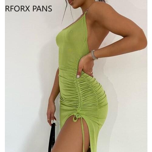 Women U-neck Halter Chain Strap Backless Drawstring Dress Elegant Bodycon Sexy Party Dress