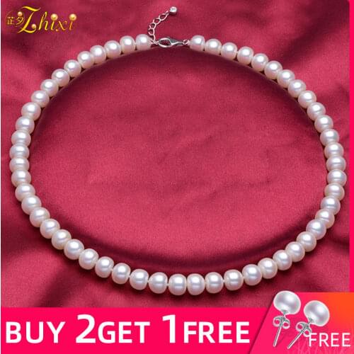 ZHIXI Pearl Necklace Fine Jewelry Real Freshwater Pearl Necklace Classic White Natural Stone For Women F001