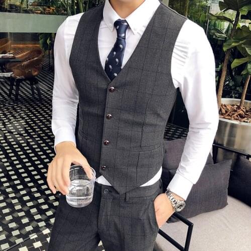 High quality suit vest men fashion wedding dress vest plaid formal business attire slim wed waistcoat korean sleeveless gilet