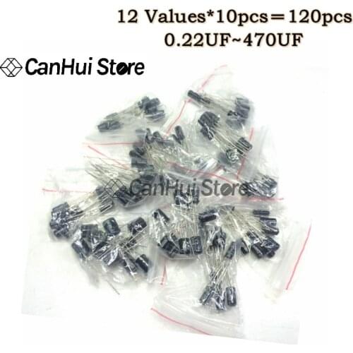 120pcs 12 values kit 0.22UF-470UF Electrolytic Capacitor assortment set pack 1UF 2.2UF 3.3UF 10UF 22UF 33UF 47UF 100UF 220UF