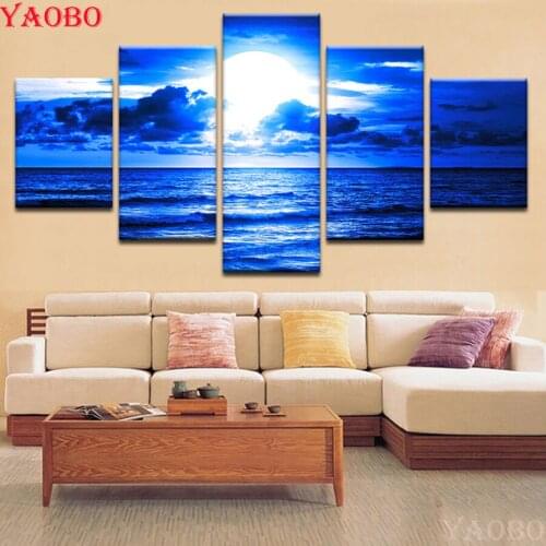 3d diy diamond embroidery Moon And Sea Water Blue Night Scene diamond painting Rhinestone 5d Cross Stitch 5 pcs mosaic pattern