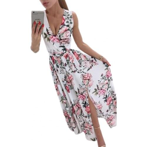 Bohemian Women Dress Sleeveless Deep V Neck Floral Print Slit Hem Long Dress for Summer