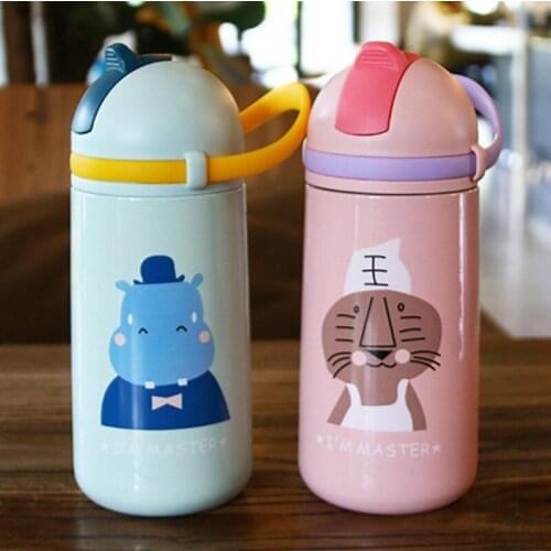 304 stainless steel childrens thermos cup with straw and lifting rope leakproof students water cup kindergarten drinking water