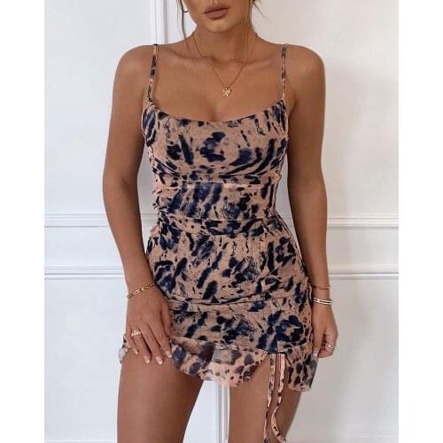 Women O-neck Spaghetti Strap Animal Print Ruched Cami Dress Bodycon Sexy Party Dress