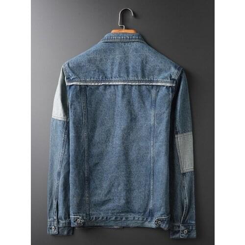 Fashion Autumn Patchwork Men Jean Jacket Casual Blue Work Denim Coat Male Vintage Single Breasted Motorcycle Biker Jacket