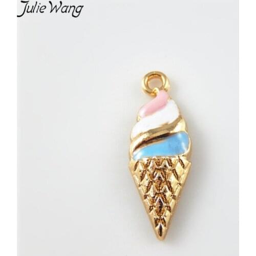 Julie Wang 10PCS Cool Tone White Pink Blue Enamel Gold Color Based Zinc Alloy Icecream Shape Cute Charms Making Summer Jewelry