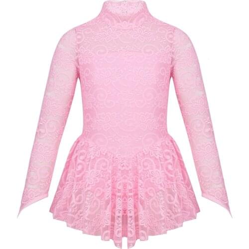 Kids Girls Floral Lace Figure Skating Ballet Gymnastic Leotard Performance Ballet Dance Jumpsuit Long Sleeves Ballroom Dress