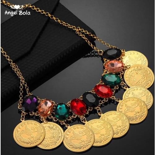 Islam Middle East Muslim Necklace Jewelry Dubai Coin Colorful Crystal Allah Necklaces for Women Arab Coin Luxury Wedding Gifts