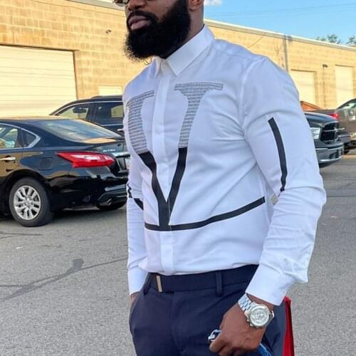 Autumn Fashion Trend Personality Casual Rhinestones Slim Long Sleeve Dress Shirt Men 2021 Spring Big V Letter Print Shirt Men