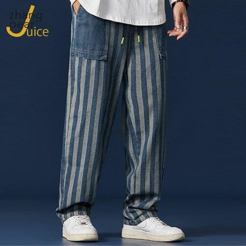 Men Vintage Washed Loose Denim Jeans Pocket Stripe Distressing Jeans Pockets Styling Jeans Pants