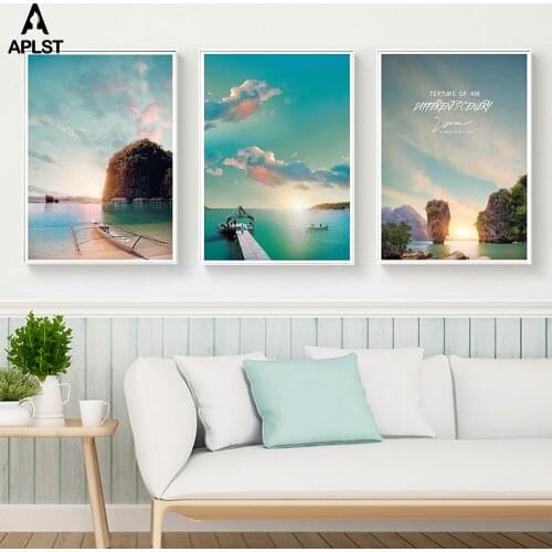 Nordic Sea Beach Sunset Islands Modern Canvas Prints Painting Mountain Boat Landscape Wall Art Pictures Living Room Poster Decor