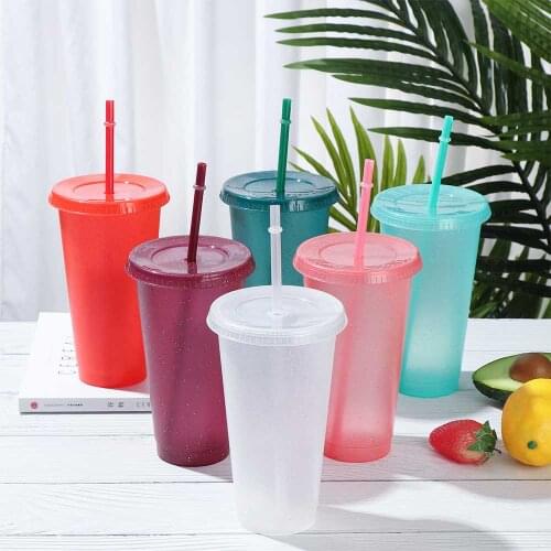 New Flash Powder Shiny Reusable Plastic Water Bottle Cold Cup With Lid And Straw Personalized Outdoor Portable Reusable Cup