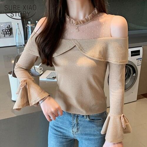 2020 Autumn New Korean Mesh Off-Shoulder Shirt for Women Pullover Office Knitted Flare Sleeve Women Blouse Solid Blusas 10448