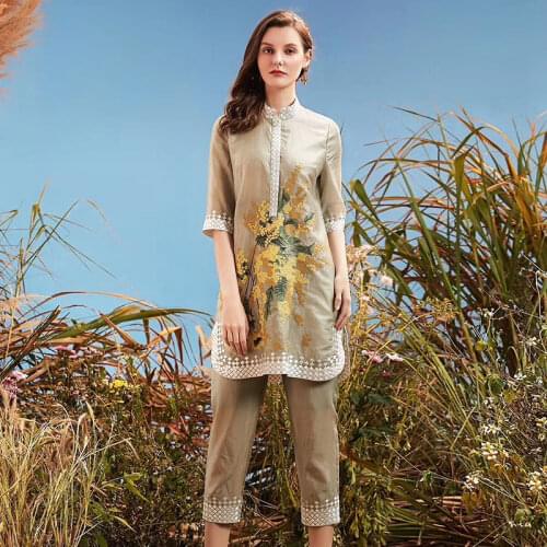 Spring And Summer New Chinese style Embroidery Loose Waist Shirt Top Pencil Pants Cropped Trousers Plus Size M-4XL