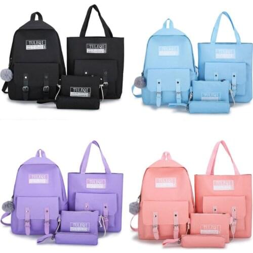 4pcs Canvas Backpack School Student Bookbags Casual Daypack Handbag Shoulder Bag Pencil Case Set for Girls Women 28GD